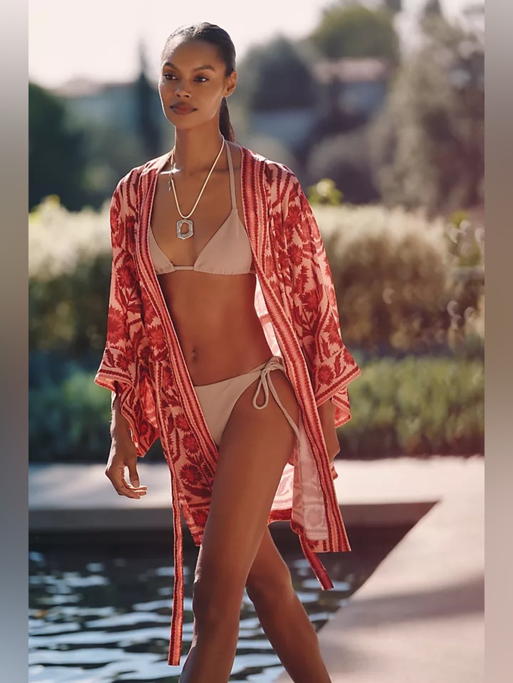 NWT Anthropologie Omika Red Floral Kimono Robe Belted Beach Coverup | One Size